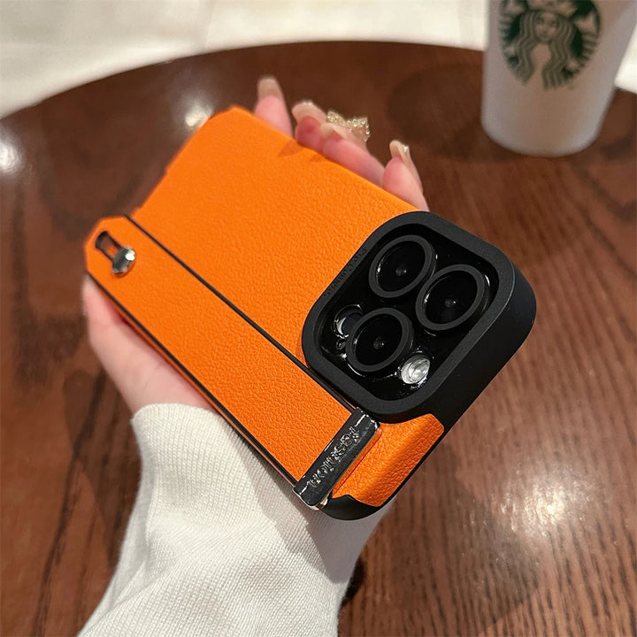 Luxury leather wrist strap stand iPhone case with full protection, fits iPhone 11, 12, 13, 14, 15, and 16 Pro Max & Plus.