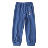 Blue children's sweatpants with a small embroidered design on a white background
