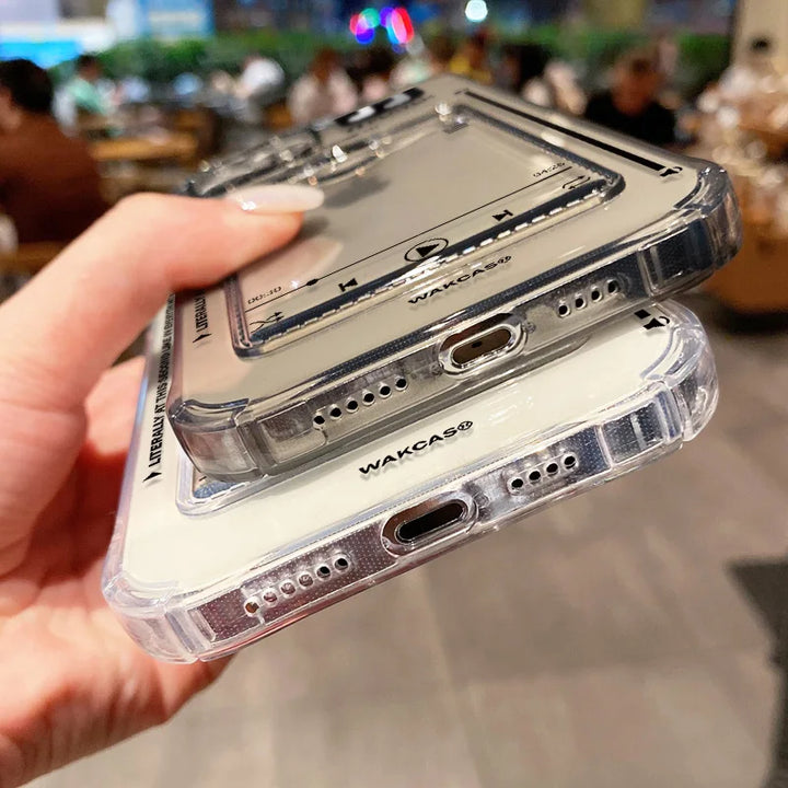 Transparent wallet card holder soft case for iPhone with card slots and shockproof protection.