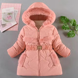 Pink children's coat with fur trim on a gray background