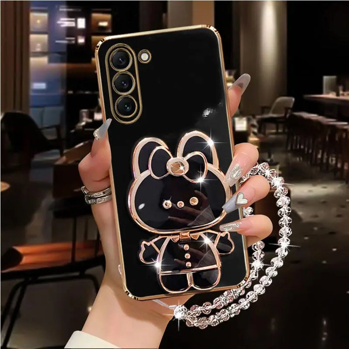 Diamond Strap Mirror Rabbit Holder Case for Samsung S24 S23 S22 Ultra Plus