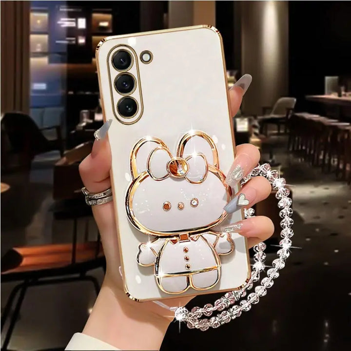 Diamond Strap Mirror Rabbit Holder Case for Samsung S24 S23 S22 Ultra Plus