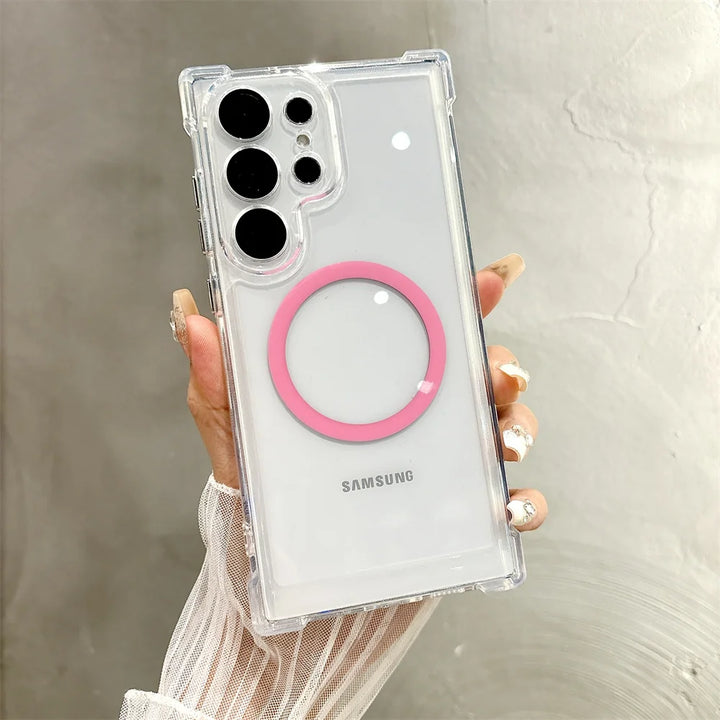 Transparent Armour Magnetic Case with reinforced corners, shockproof design, and wireless charging support for Samsung S25, S24, S23, S22, S21.
