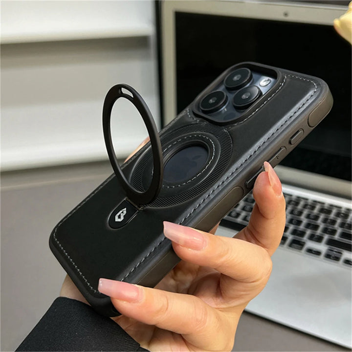 Luxury Magnetic Stand Ring PU Leather Case for iPhone 16/15/14 Plus, 13/12 Pro Max, Magsafe Compatible with Ring Holder and Shockproof Design