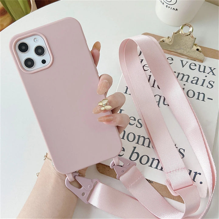Crossbody Necklace Strap Lanyard Matte Silicone Case For iPhone 16 15 14 Pro Max 11 12 13 XR X XS 6 7 8 Plus SE Shockproof Cover