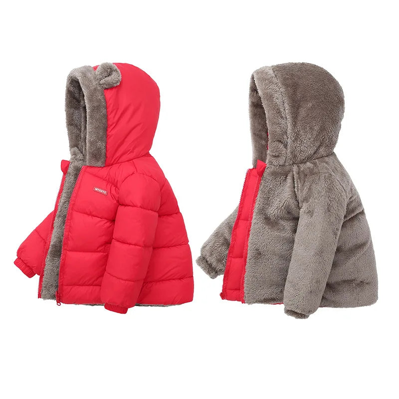 Red and gray children's puffer jackets with fur-lined hood on a white background