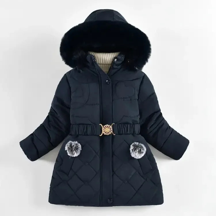 Black quilted jacket with fur hood and belt on a white background