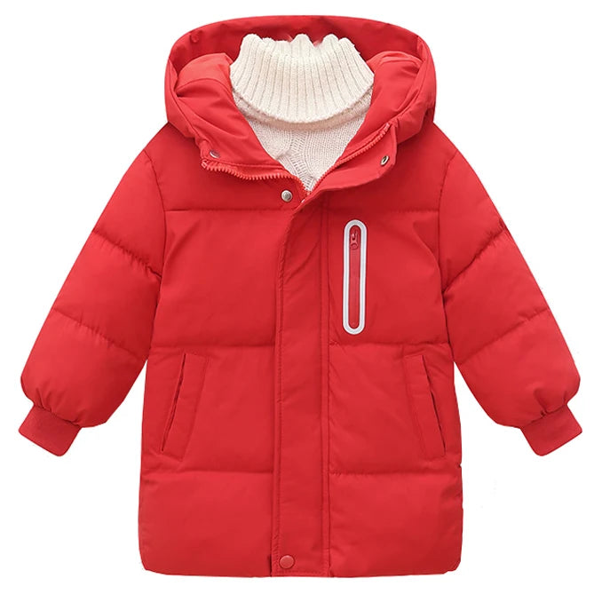 Red puffer jacket with a white zipper on a white background