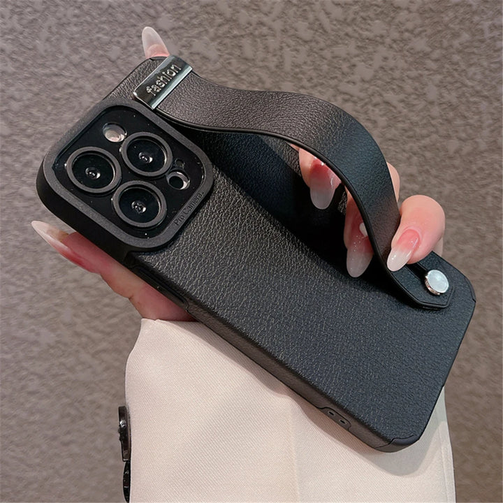 Luxury leather wrist strap stand iPhone case with full protection, fits iPhone 11, 12, 13, 14, 15, and 16 Pro Max & Plus.
