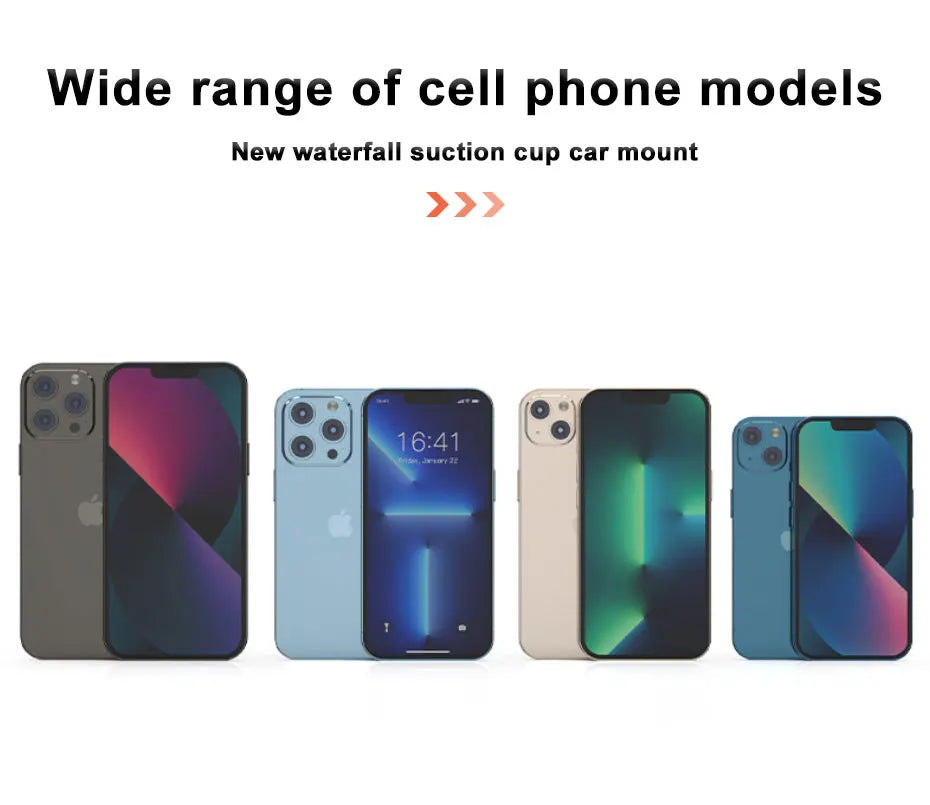Multiple smartphone models displayed with text about a new car mount.