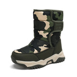 Camouflage-patterned snow boot on a white background