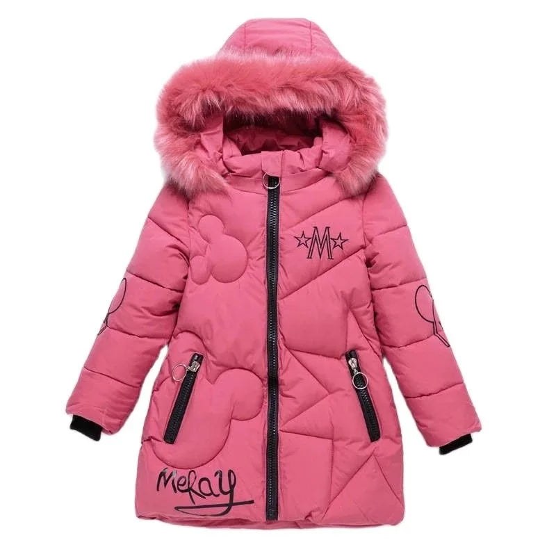 Pink children's winter coat with fur-lined hood on a white background