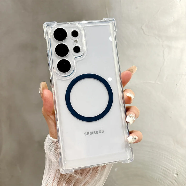 Transparent Armour Magnetic Case with reinforced corners, shockproof design, and wireless charging support for Samsung S25, S24, S23, S22, S21.