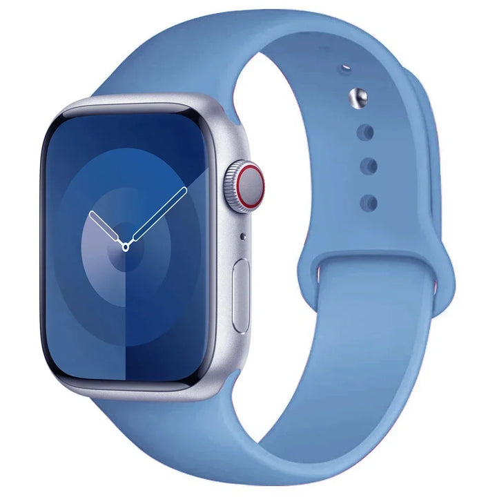 Silicone sport band for Apple Watch, compatible with Series 9/8/7/6/5/SE/Ultra, shown in vibrant colors.