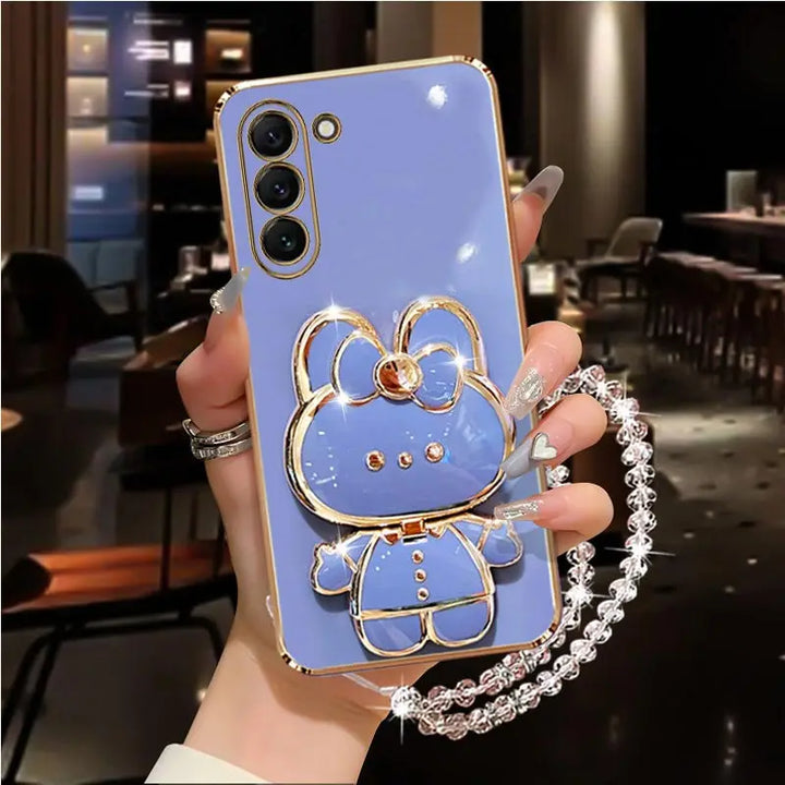 Diamond Strap Mirror Rabbit Holder Case for Samsung S24 S23 S22 Ultra Plus