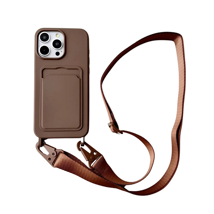 Crossbody Lanyard Necklace Rope Wallet Silicone Case For iPhone 16 15 Plus 14 13 12 11 Pro Max Slot Card Holder Plain Back Cover