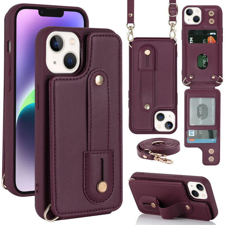 Crossbody Leather Wallet Case for iPhone 16/15/14/13/12/11 with Card Slot, Wristband & Lanyard