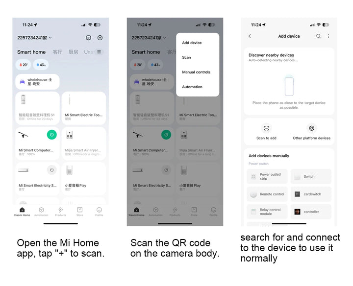 Screenshots of the Mi Home app with instructions on using the app to scan a QR code and connect to a device.
