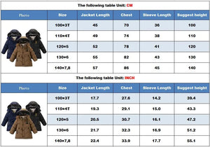 Size chart for children's jackets with measurements in centimeters and inches.