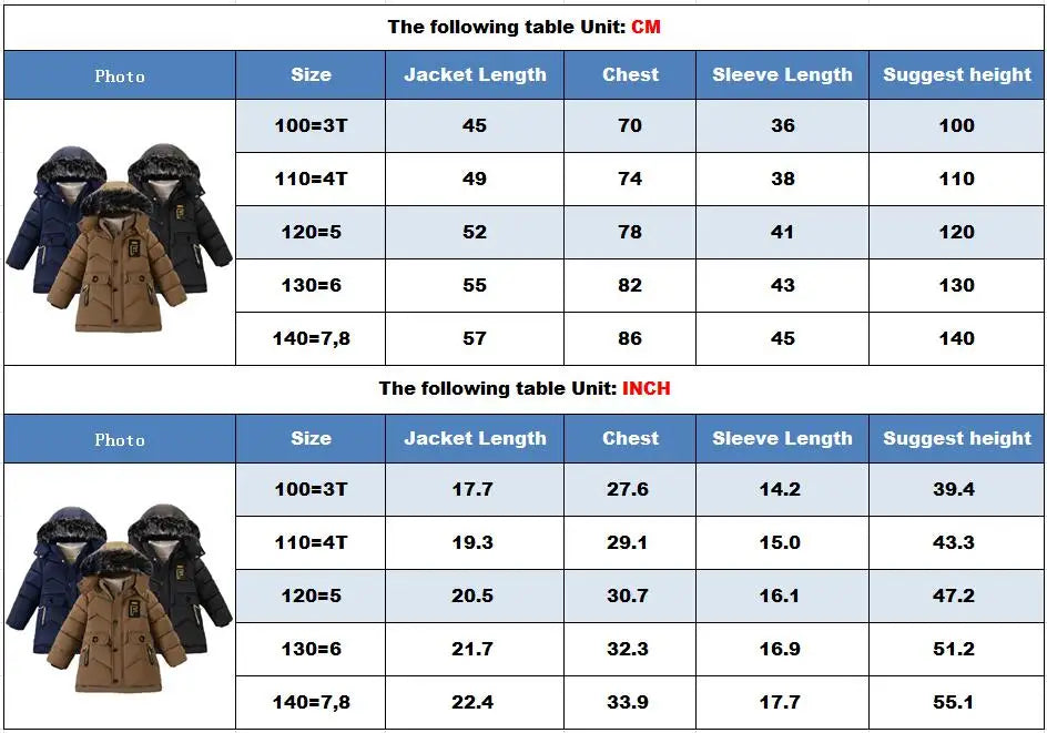 Size chart for children's jackets with measurements in centimeters and inches.