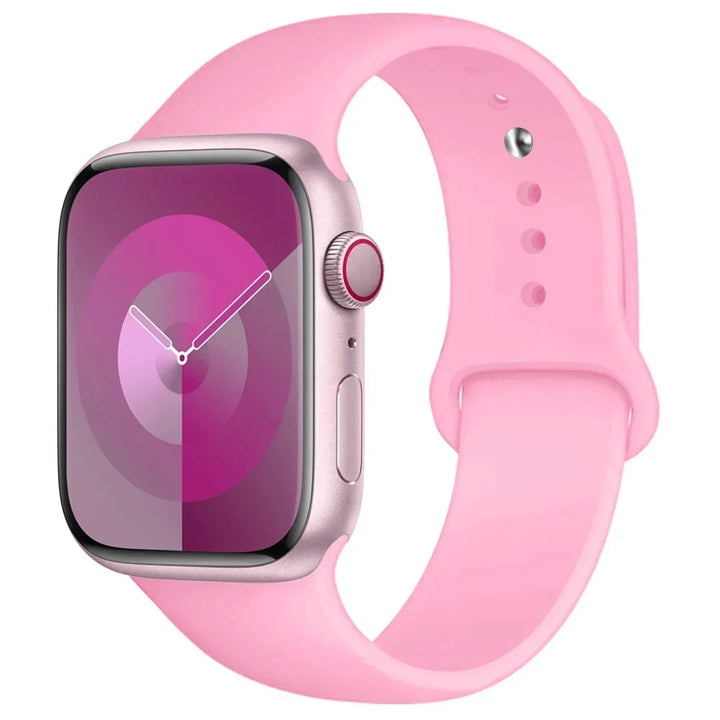Silicone sport band for Apple Watch, compatible with Series 9/8/7/6/5/SE/Ultra, shown in vibrant colors.