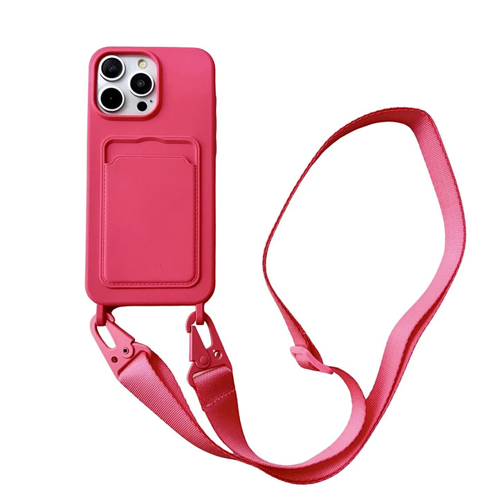 Crossbody Lanyard Necklace Rope Wallet Silicone Case For iPhone 16 15 Plus 14 13 12 11 Pro Max Slot Card Holder Plain Back Cover
