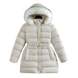White winter coat with fur hood on a white background