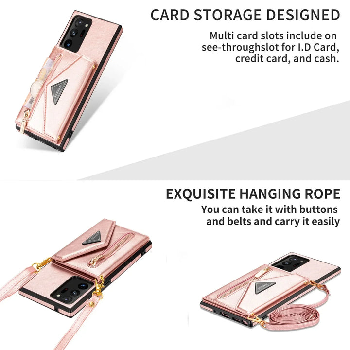 Leather crossbody wallet phone case for Samsung Galaxy with lanyard and card holder pocket.
