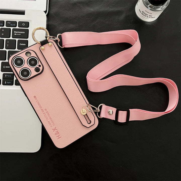 Luxury Litchi Leather Wrist Strap Crossbody Phone Case for iPhone 15 14 Pro Max in Retro Vintage Design