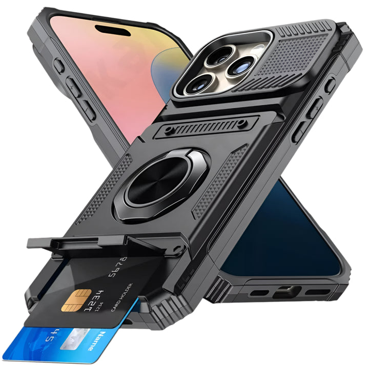 Magnetic iPhone Wallet Case with Rotating Ring Kickstand – Drop Protection & Card Pocket for iPhone 16 15 14 13 12 11