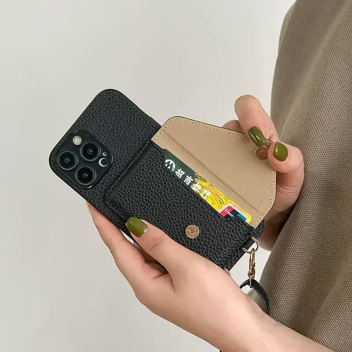Crossbody leather phone case with wallet and card holder for iPhone 11-16 Pro Max, featuring an adjustable strap and plain design
