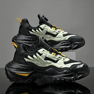 Black and white sneakers with yellow accents on a reflective surface and gray background