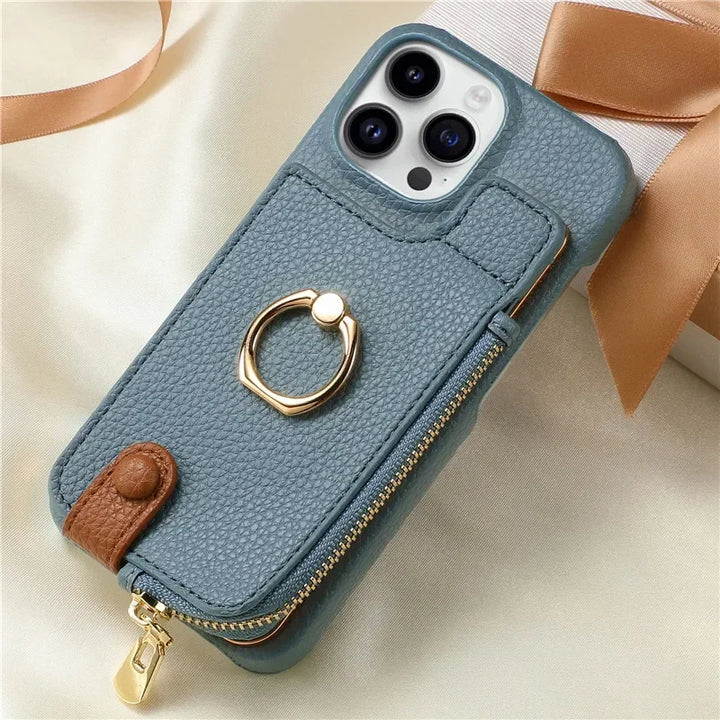 Luxury leather zipper wallet iPhone case with card holder and full protection, fits iPhone 11, 12, 13, 14, 15, and 16 Pro Max.