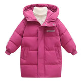 Pink children's puffer coat with a white turtleneck lining on a white background