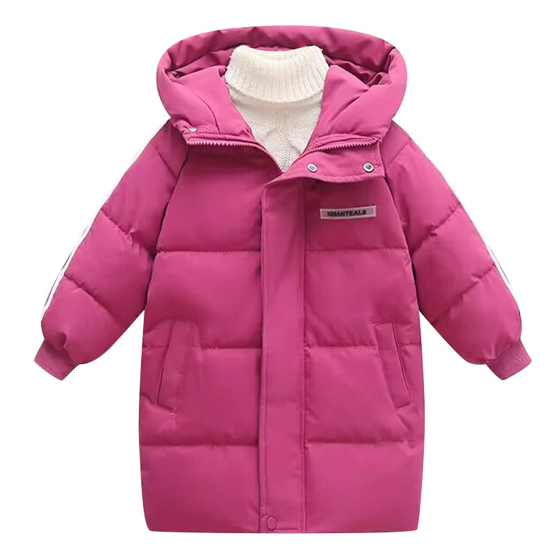 Pink children's puffer coat with a white turtleneck lining on a white background