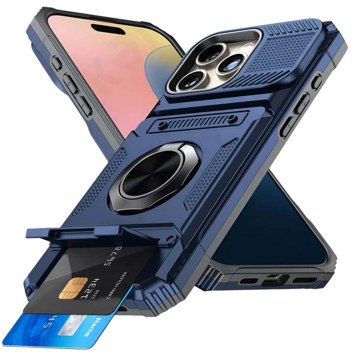 Magnetic iPhone Wallet Case with Rotating Ring Kickstand – Drop Protection & Card Pocket for iPhone 16 15 14 13 12 11