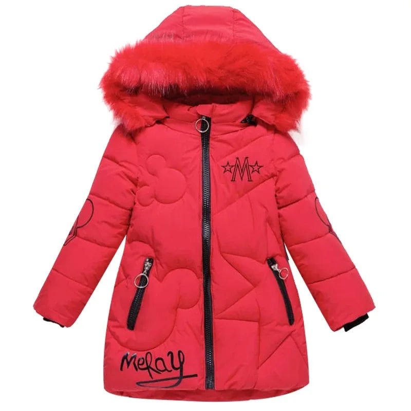 Red puffer jacket with fur hood on a white background