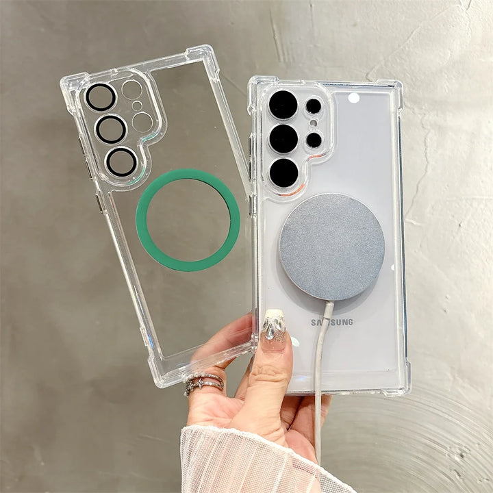 Transparent Armour Magnetic Case with reinforced corners, shockproof design, and wireless charging support for Samsung S25, S24, S23, S22, S21.