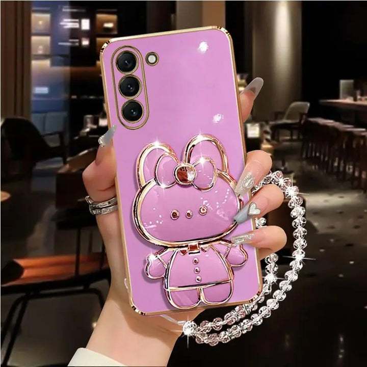 Diamond Strap Mirror Rabbit Holder Case for Samsung S24 S23 S22 Ultra Plus
