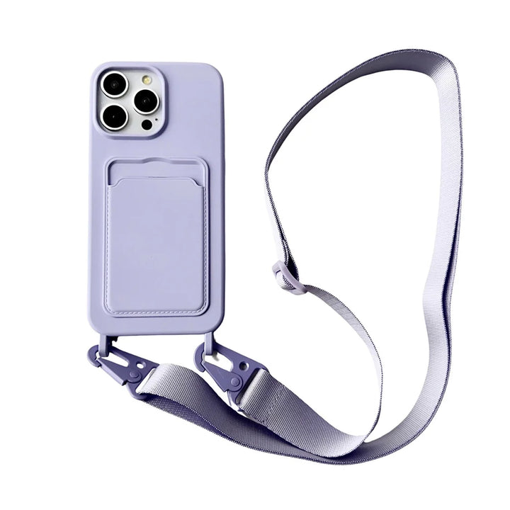 Crossbody Lanyard Necklace Rope Wallet Silicone Case For iPhone 16 15 Plus 14 13 12 11 Pro Max Slot Card Holder Plain Back Cover