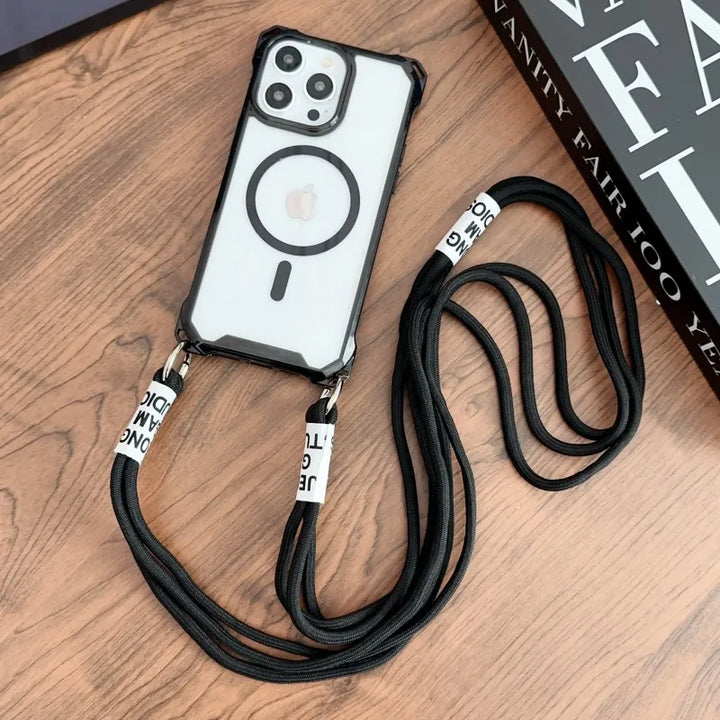 Magnetic Strap Case for iPhone 15, 14, 13, 12, 11 Pro Max models. This clear case offers a magnetic strap for easy crossbody carrying,