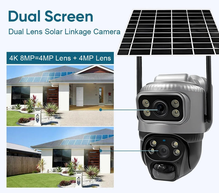 Dual screen solar linkage camera with 4K resolution and dual lens system, featuring a house and solar panel in the background.