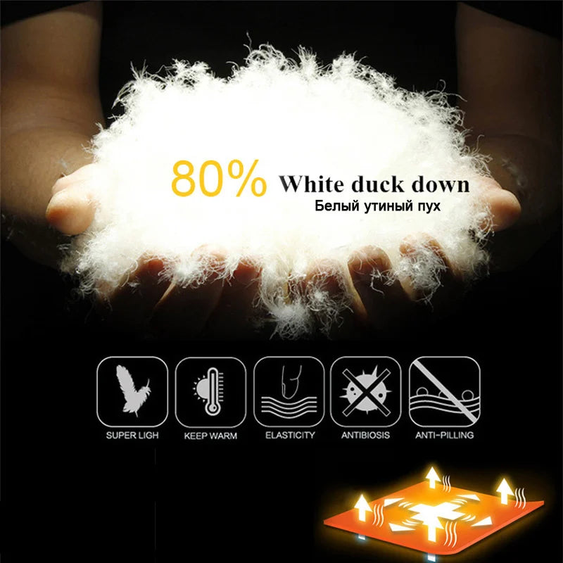 White duck down filling displayed in hands with product features highlighted on a black background.