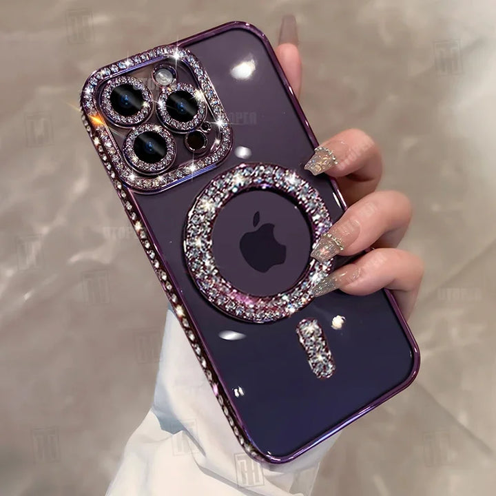 MagSafe Glitter Rhinestone Case for iPhone 16 15 14 13 12 11 Pro Max – Bling & Transparent Design with Wireless Charging