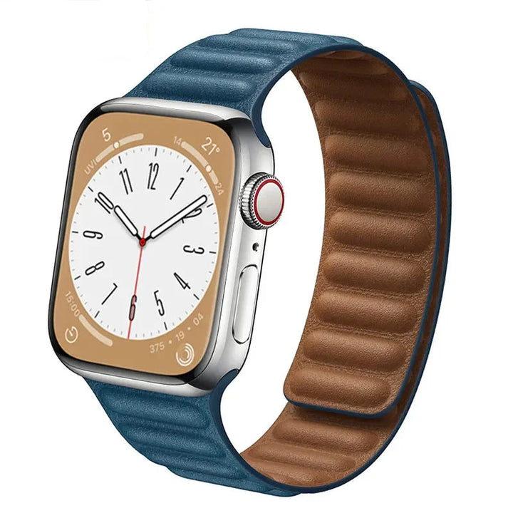 Stylish genuine leather Apple Watch band with magnetic loop closure, available in multiple colors.