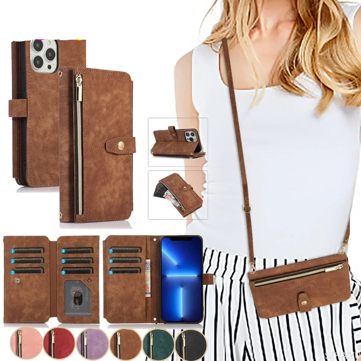 Crossbody wallet case for iPhone with card holder, lanyard, and kickstand for hands-free use.