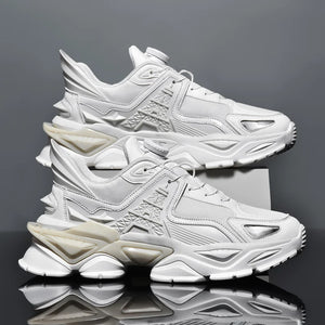 White sneakers with unique sole design on a reflective surface with a dark background