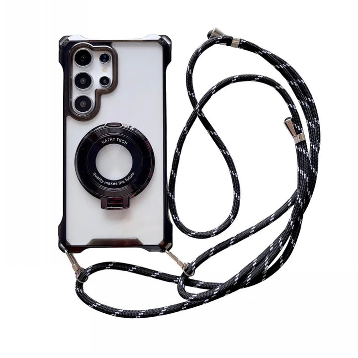 Magnetic Lanyard Strap Case with Stand for Samsung Galaxy S20-S24 Ultra, Transparent Crossbody Design