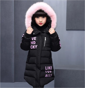Black puffer jacket with pink fur hood and text on a gray background