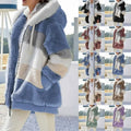 Collage of a person wearing a blue and white checkered coat with a hood.